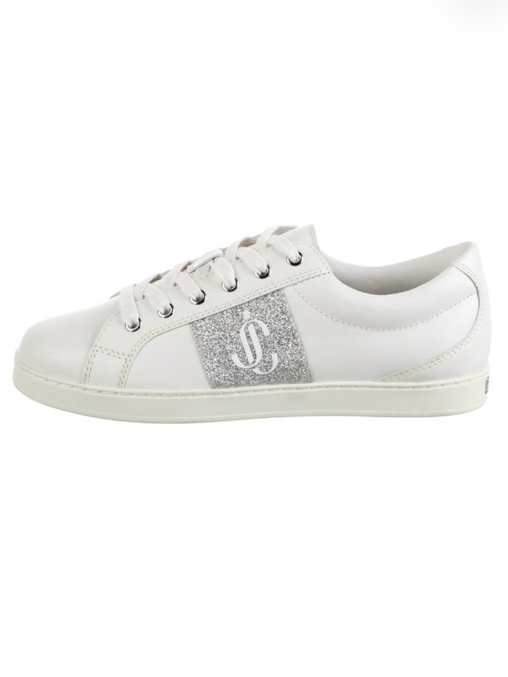 Jimmy Choo White Low-Top Sneaker with Silver Glitter Side Panel